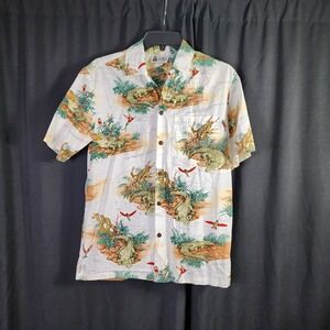 Aloha Republic Mens Hawaiian Shirt Small White Crocodile Snake Bird Made in USA